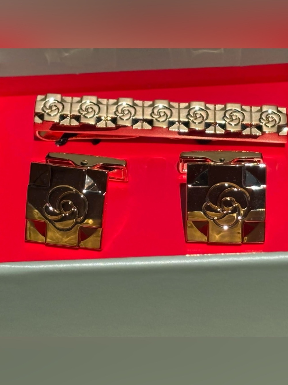 Gold-Tone Floral Accent Cufflinks and Tie Clip Set